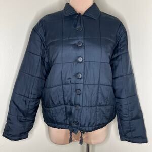 Vintage Bogari Silk Jacket Small Womens Dark Blue Button Drawstring Puffer 90s